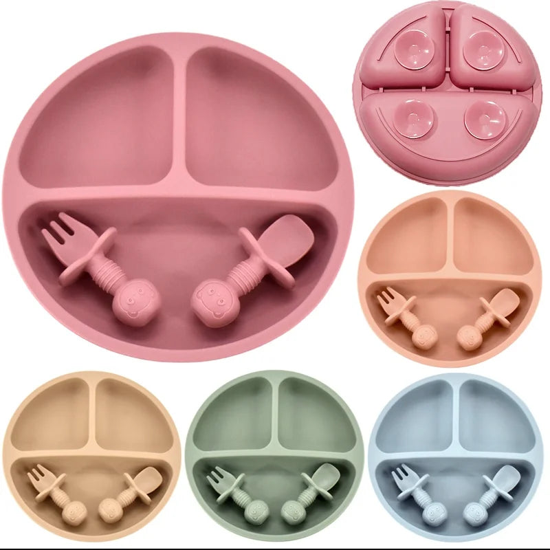 3/4 PCS Baby Silicone Plate+Spoon+Fork