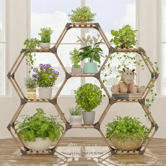 Hexagonal Plant Stand Indoor, Wood Outdoor Plant Shelf for Plants