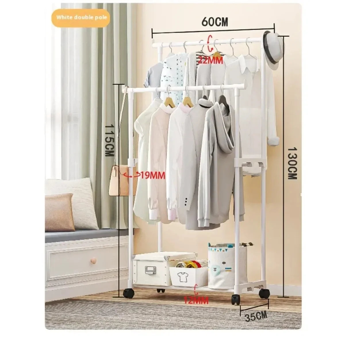 Coat Rack Movable Double Clothes