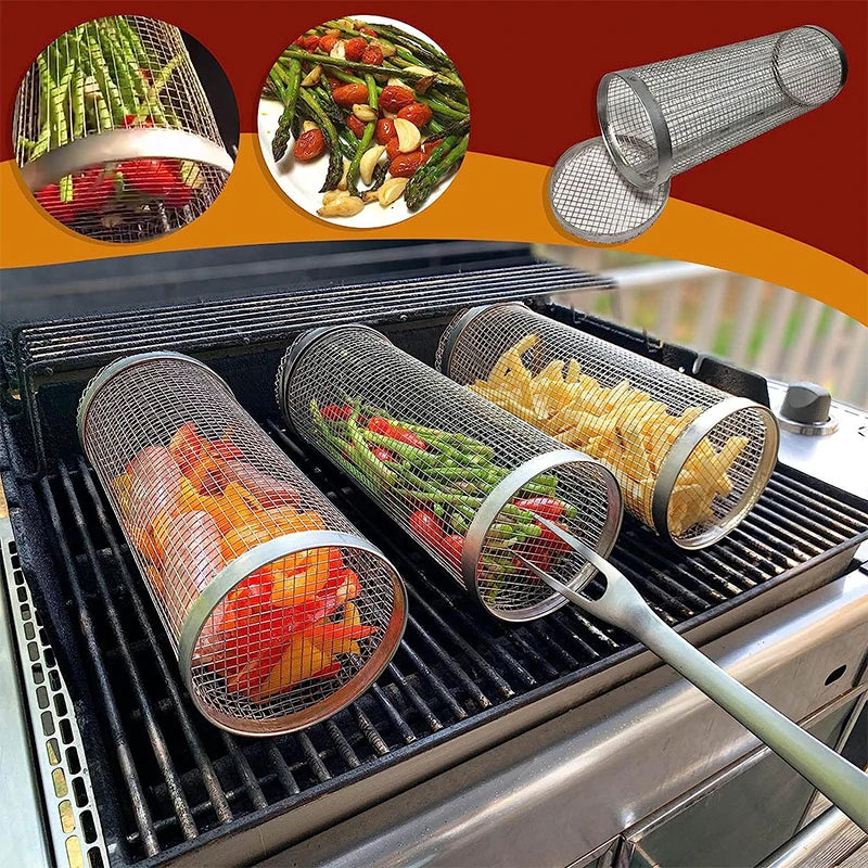 New Rolling Grilling BBQ Basket Stainless Steel