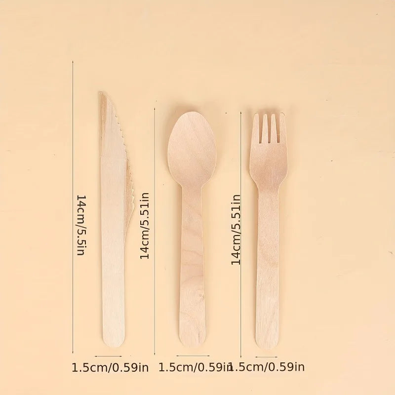 50/100PCS Disposable Wooden Forks Spoons Knives