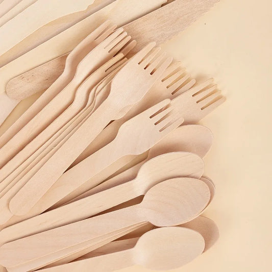 50/100PCS Disposable Wooden Forks Spoons Knives