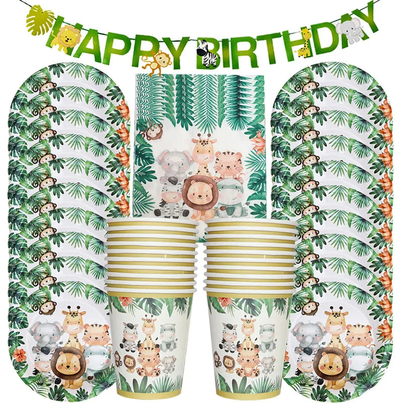 Jungle Birthday Party Decor Animal Palm Leaves Disposable Tableware