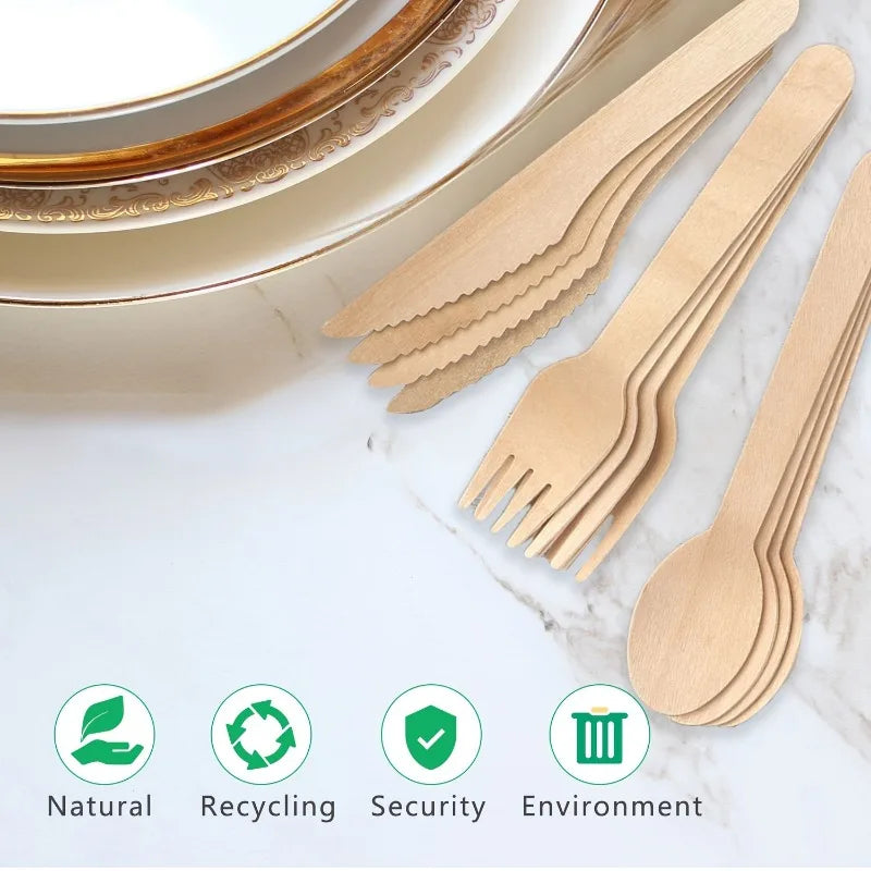 50/100PCS Disposable Wooden Forks Spoons Knives