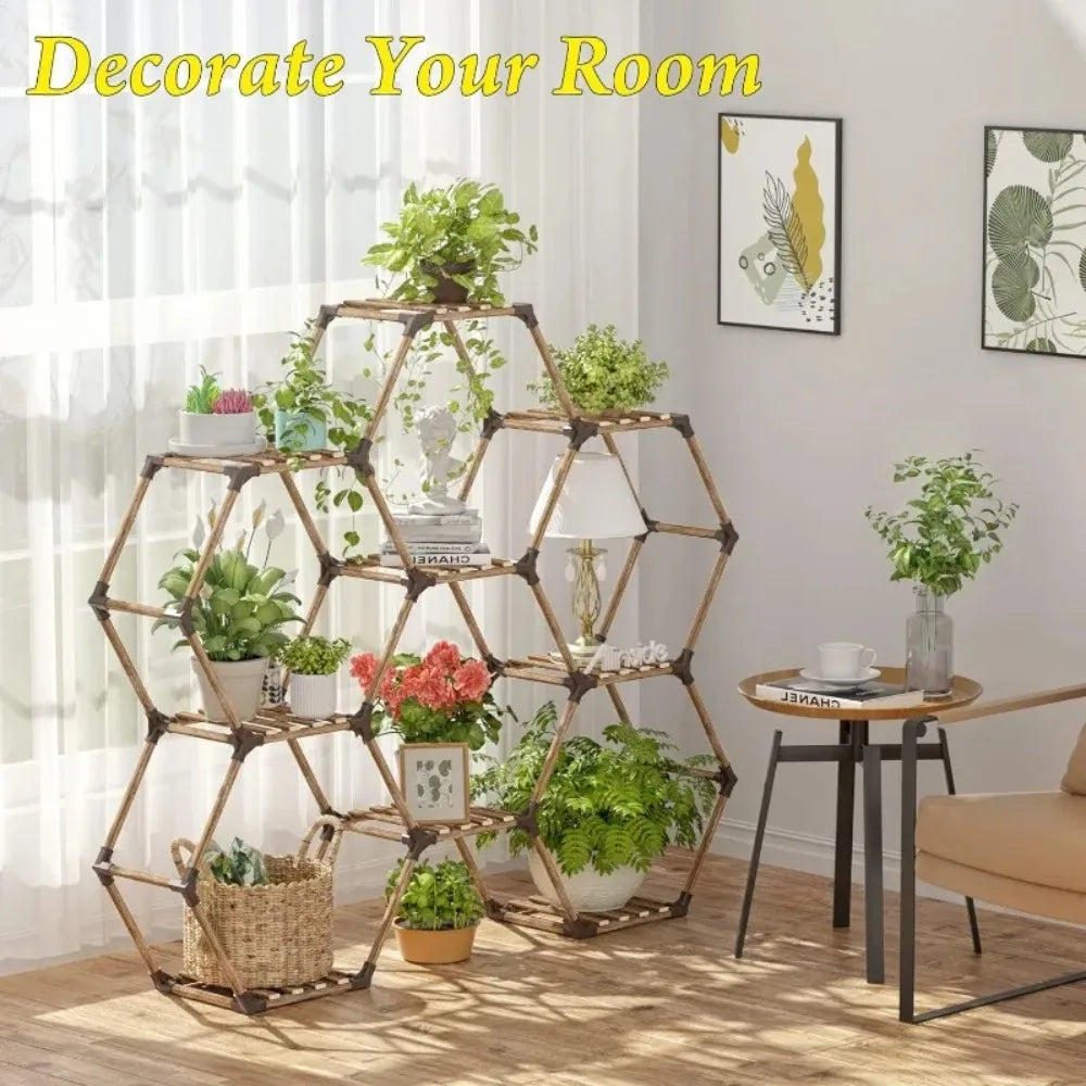 Hexagonal Plant Stand Indoor, Wood Outdoor Plant Shelf for Plants