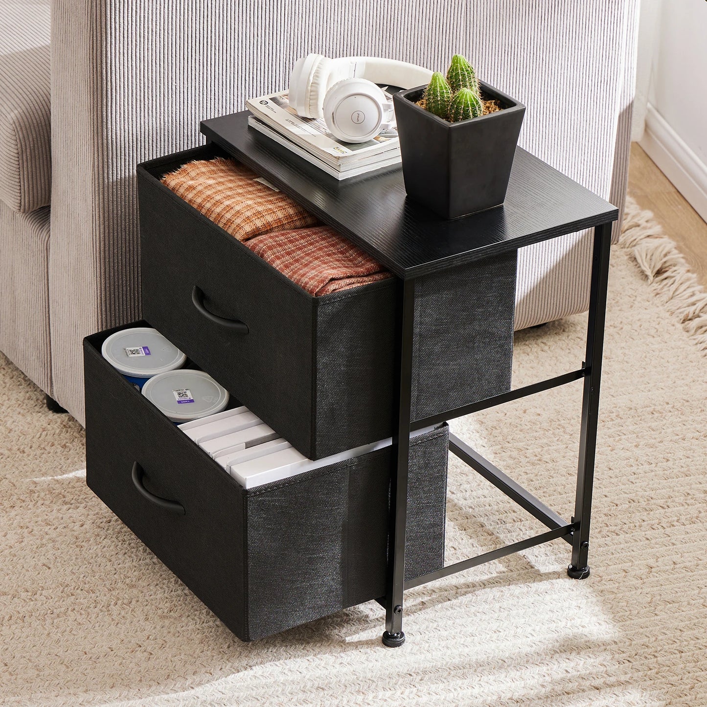 JHK Nightstand For Bedroom With 2 Fabric Drawers