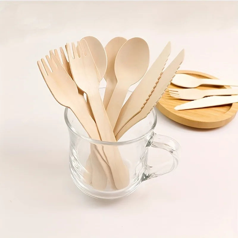 50/100PCS Disposable Wooden Forks Spoons Knives