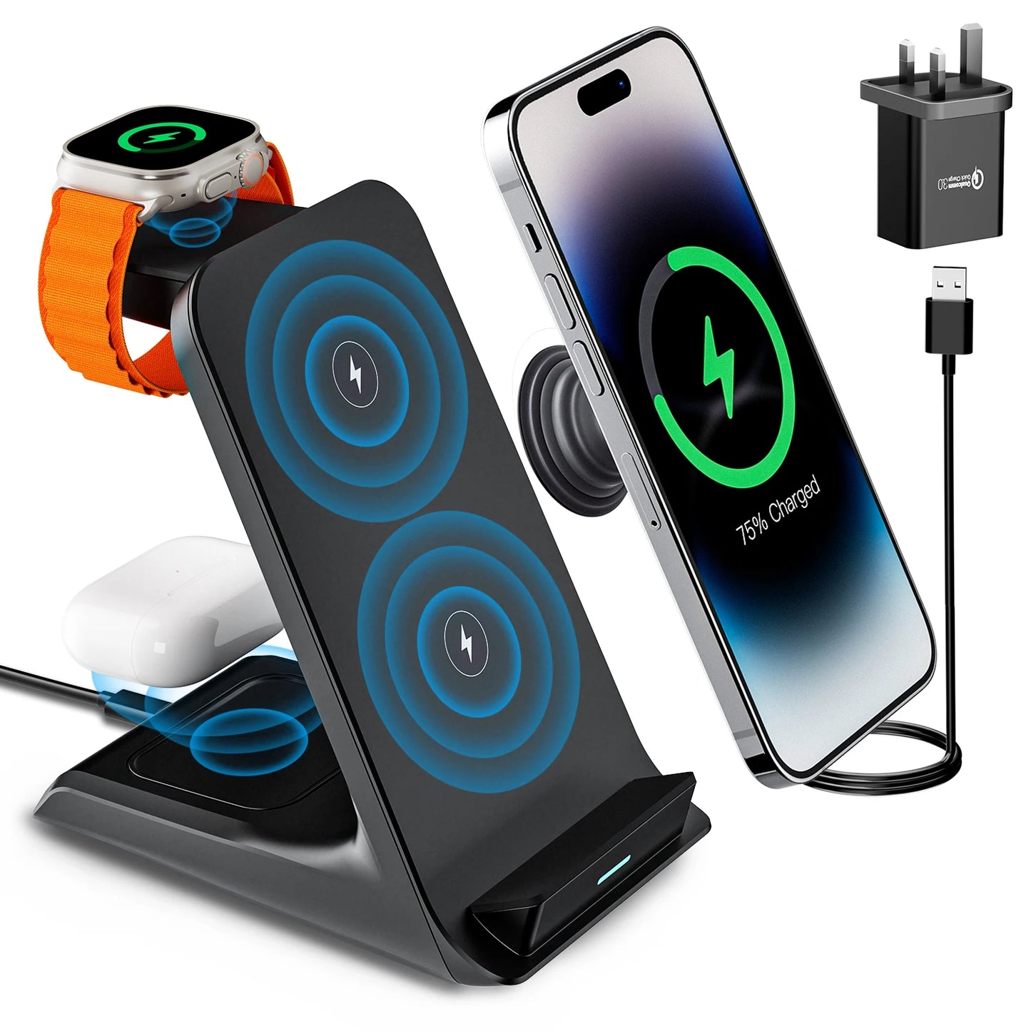 KPON 3 in 1 Wireless Charger Stand For iPhone 15/14/13/12 Pro Max15W  for AppleWatch 9/8/7/6/5 Airpods 3/2