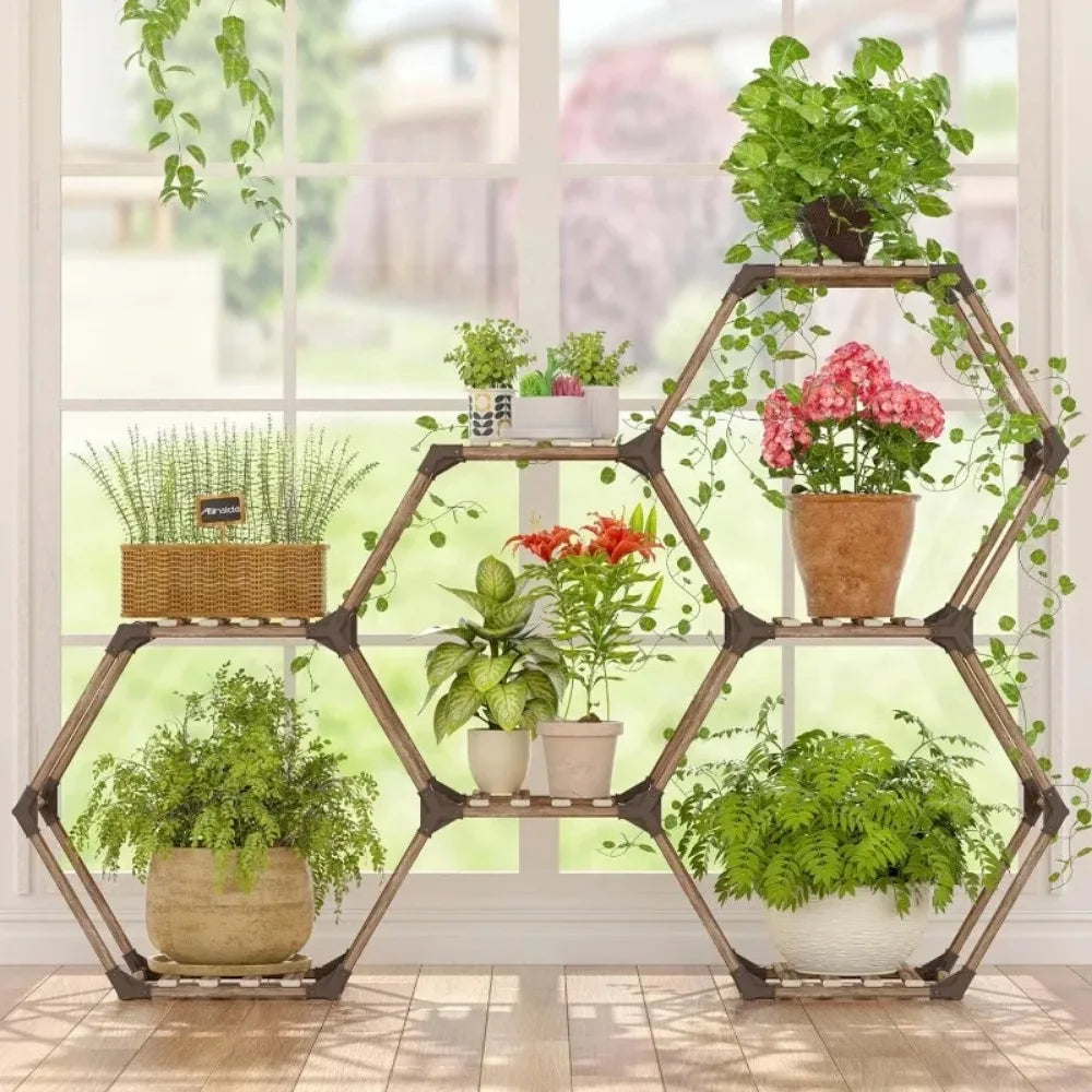 Hexagonal Plant Stand Indoor, Wood Outdoor Plant Shelf for Plants