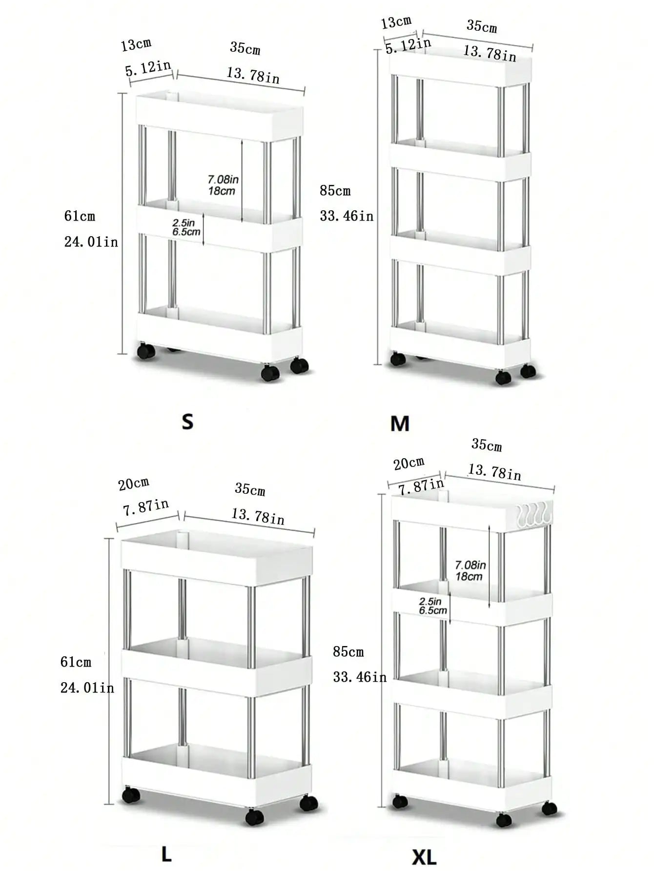 1pcs 3/4 Tier Rolling Utility Cart Storage