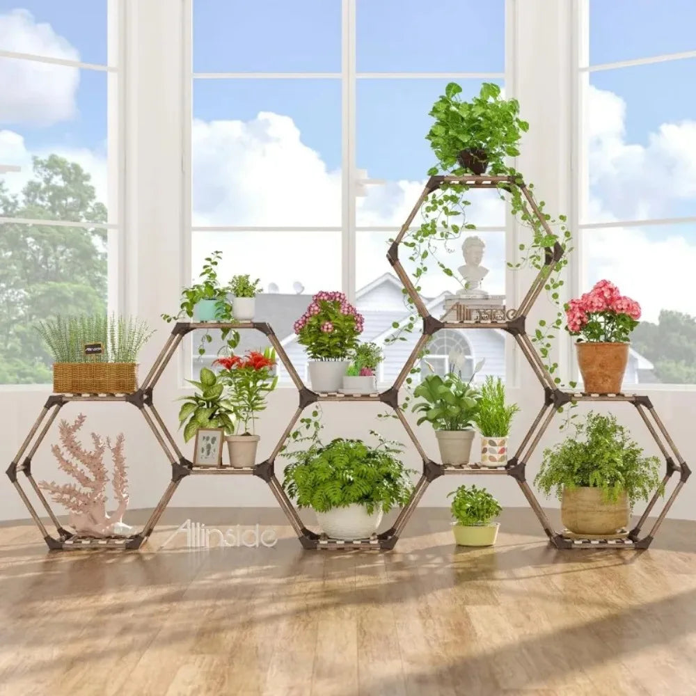 Hexagonal Plant Stand Indoor, Wood Outdoor Plant Shelf for Plants