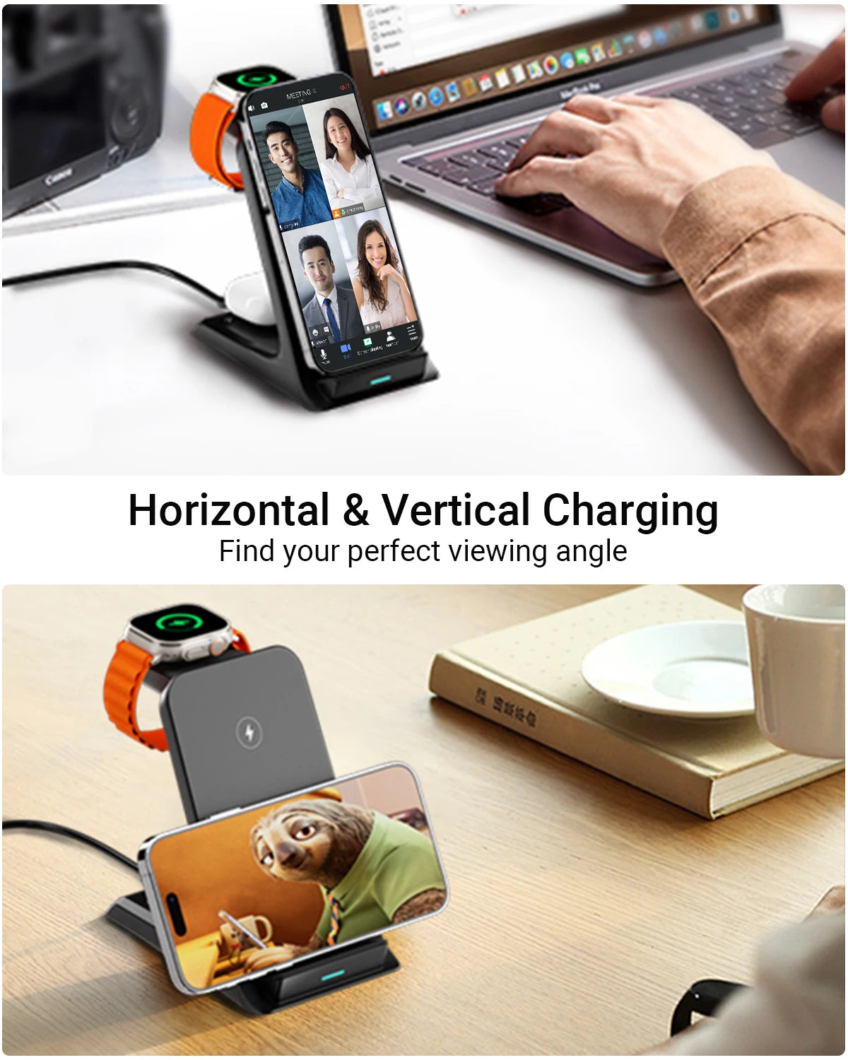 KPON 3 in 1 Wireless Charger Stand For iPhone 15/14/13/12 Pro Max15W  for AppleWatch 9/8/7/6/5 Airpods 3/2