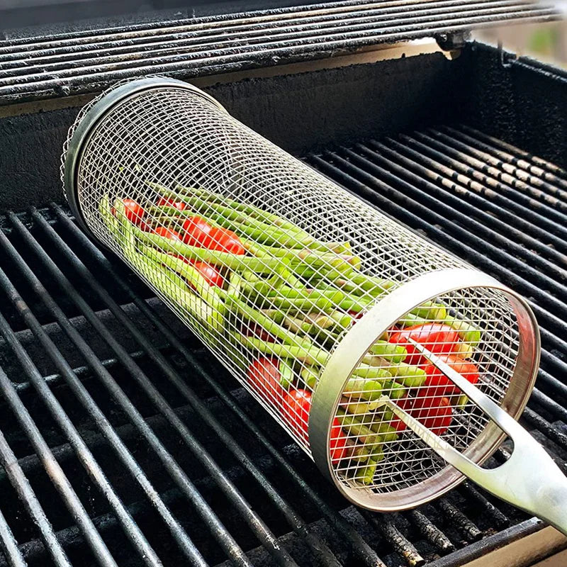 New Rolling Grilling BBQ Basket Stainless Steel