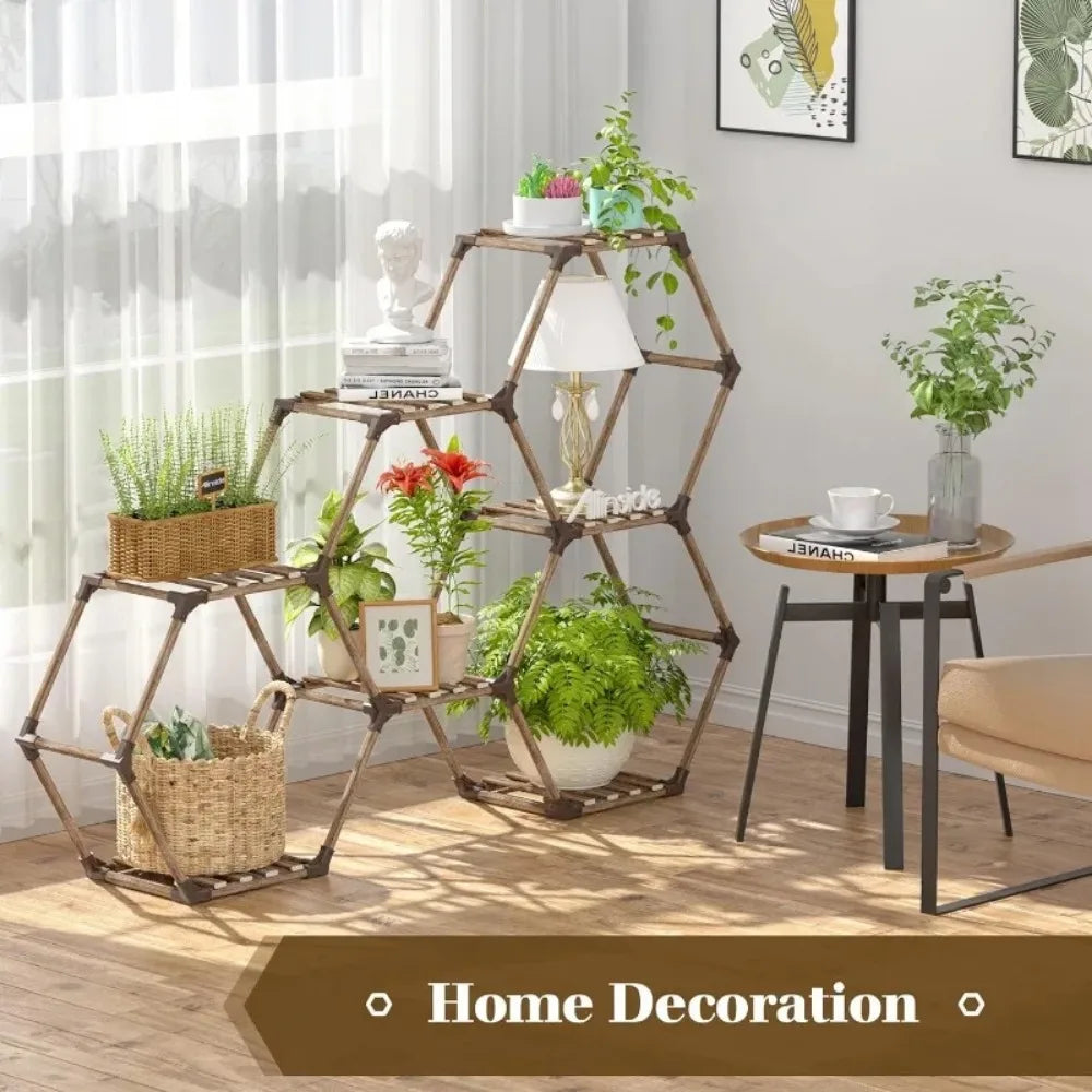 Hexagonal Plant Stand Indoor, Wood Outdoor Plant Shelf for Plants