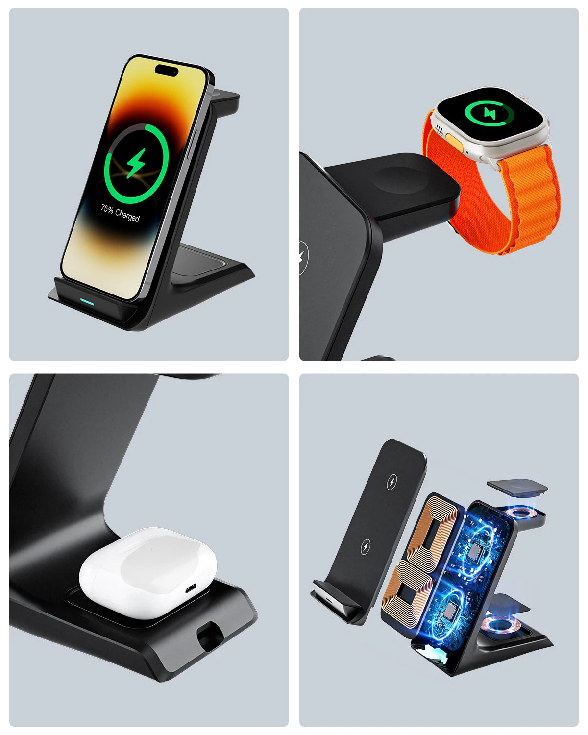 KPON 3 in 1 Wireless Charger Stand For iPhone 15/14/13/12 Pro Max15W  for AppleWatch 9/8/7/6/5 Airpods 3/2